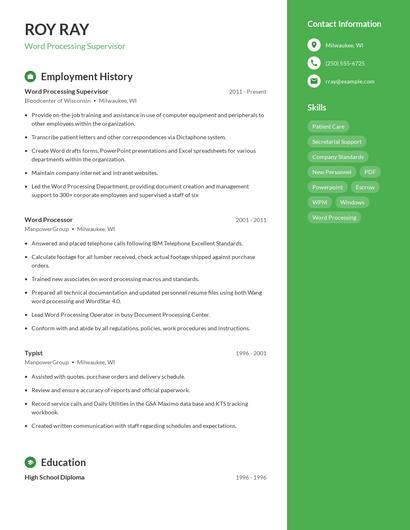 Word Processing Supervisor Resume