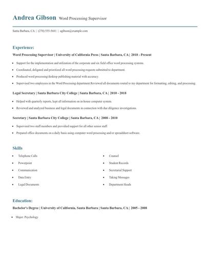 Word Processing Supervisor Resume