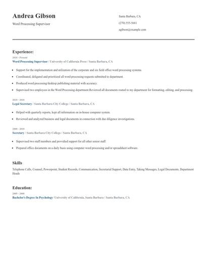 Word Processing Supervisor Resume