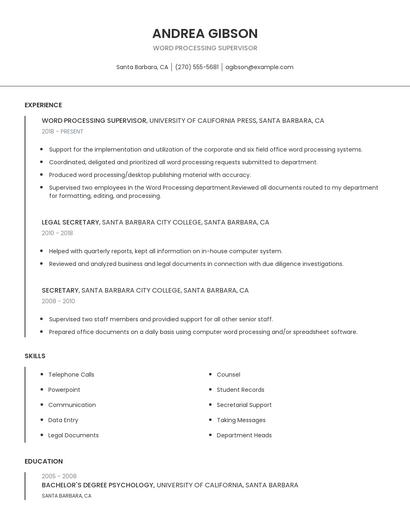 Word Processing Supervisor Resume