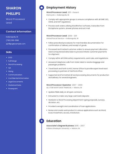 Word Processor Lead Resume