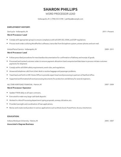 Word Processor Lead Resume