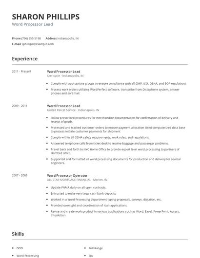 Word Processor Lead Resume