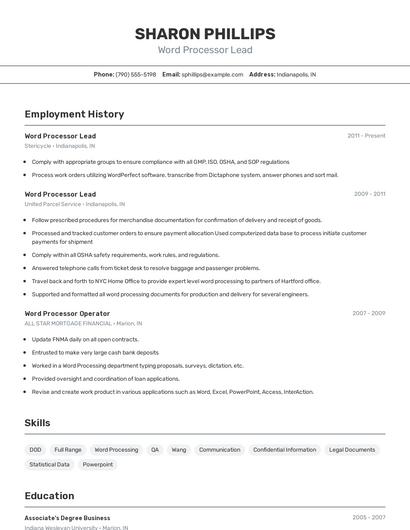 Word Processor Lead Resume