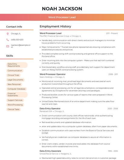 Word Processor Lead Resume