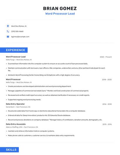 Word Processor Lead Resume