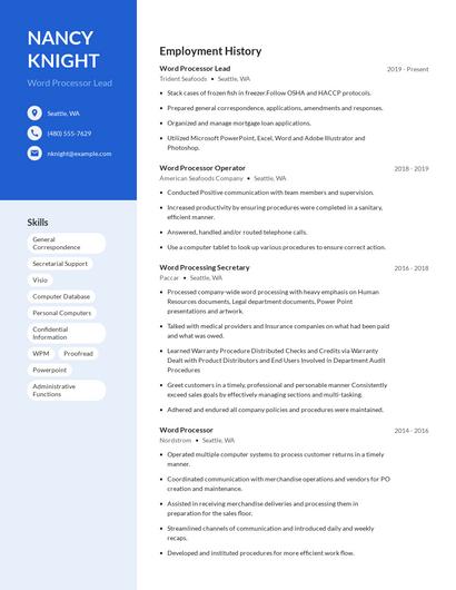 Word Processor Lead Resume