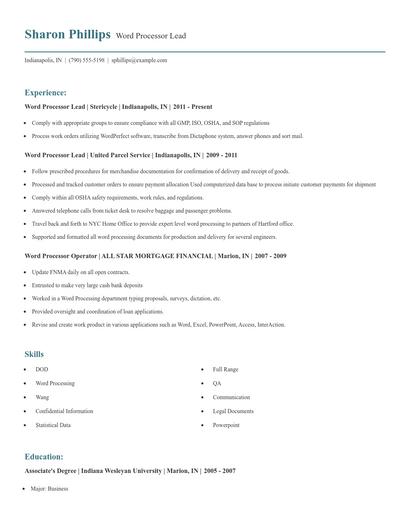 Word Processor Lead Resume