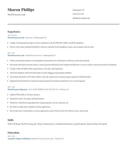 Word Processor Lead Resume