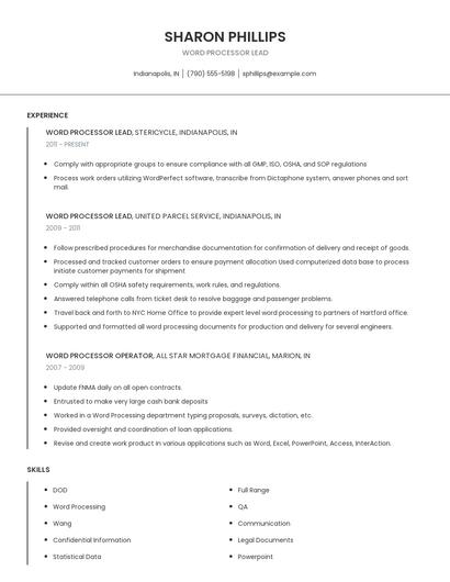 Word Processor Lead Resume
