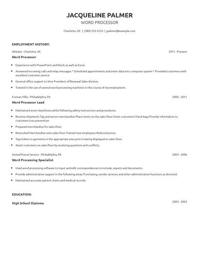 Word Processor Resume