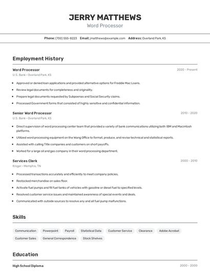Word Processor Resume