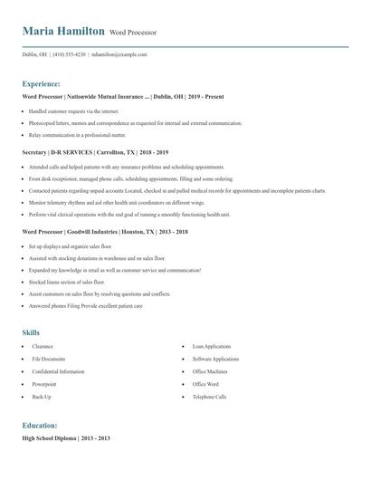 Word Processor Resume