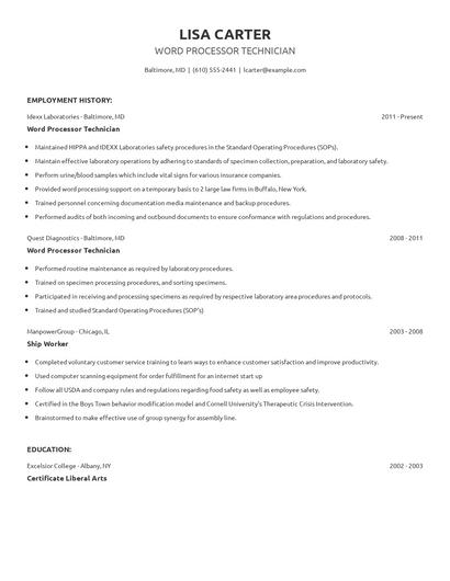 Word Processor Technician Resume