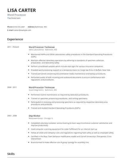 Word Processor Technician Resume
