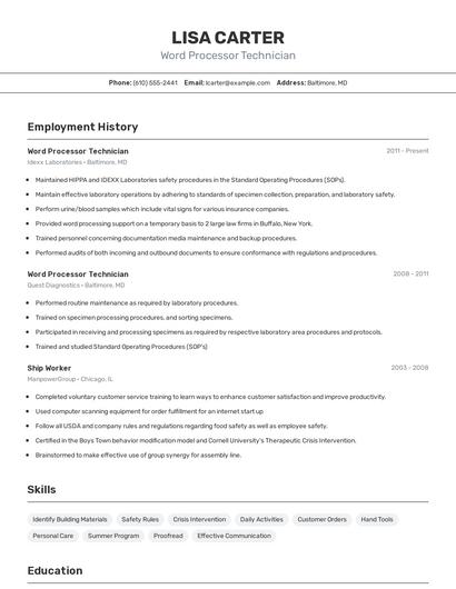Word Processor Technician Resume