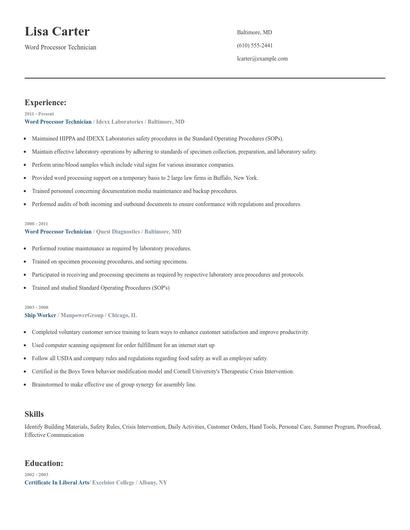 Word Processor Technician Resume