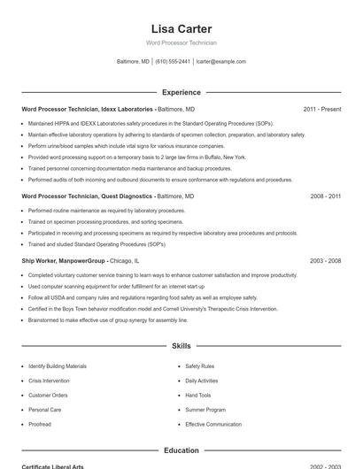 Word Processor Technician Resume