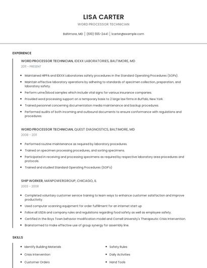 Word Processor Technician Resume