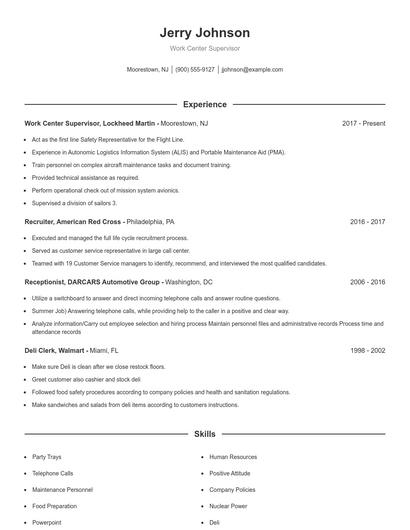 Work Center Supervisor Resume