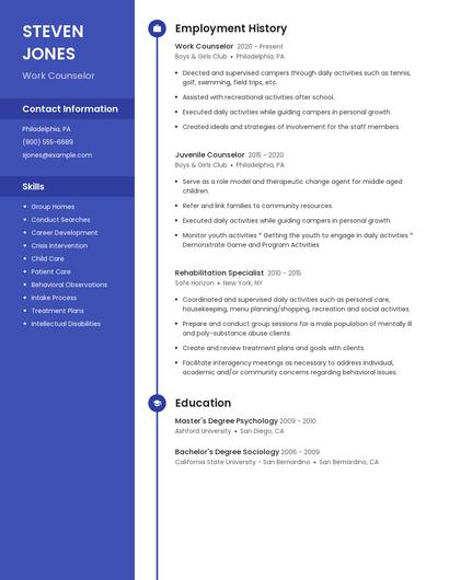 Work Counselor Resume