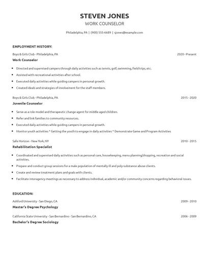 Work Counselor Resume