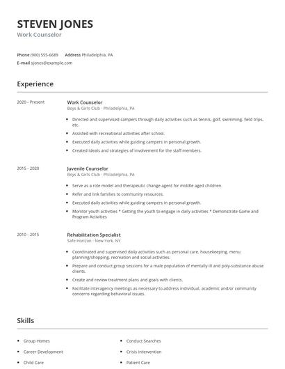 Work Counselor Resume