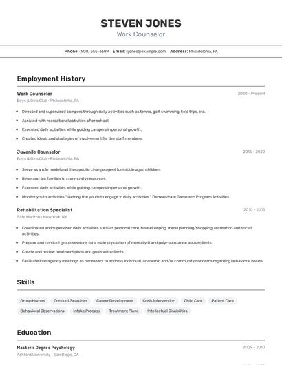 Work Counselor Resume
