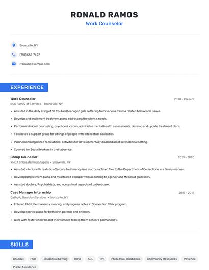 Work Counselor Resume
