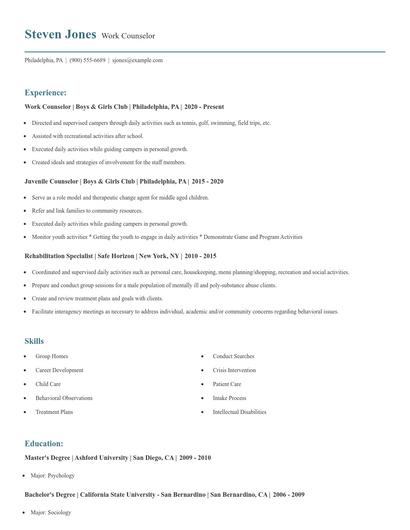 Work Counselor Resume