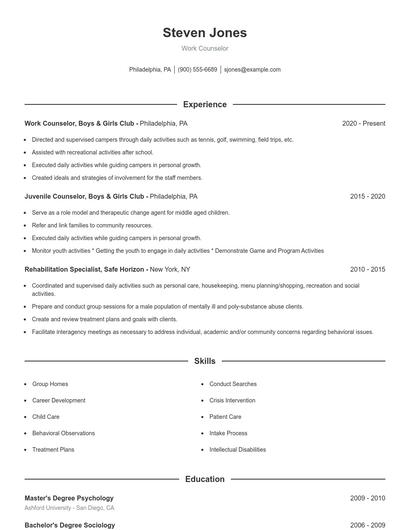 Work Counselor Resume
