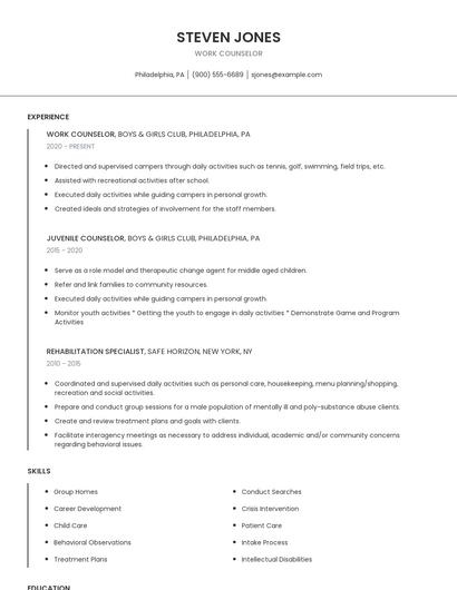 Work Counselor Resume