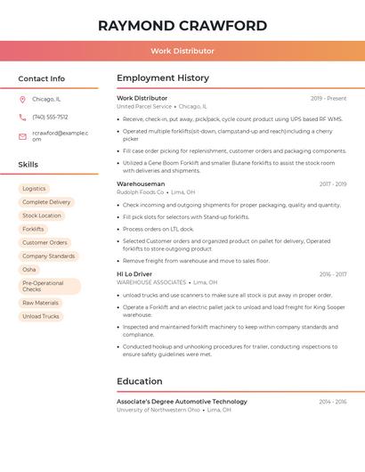 Work Distributor Resume