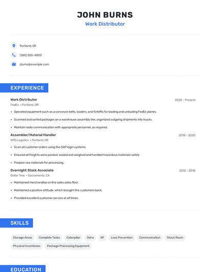 Work Distributor Resume