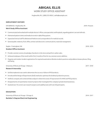 Work Study Office Assistant Resume