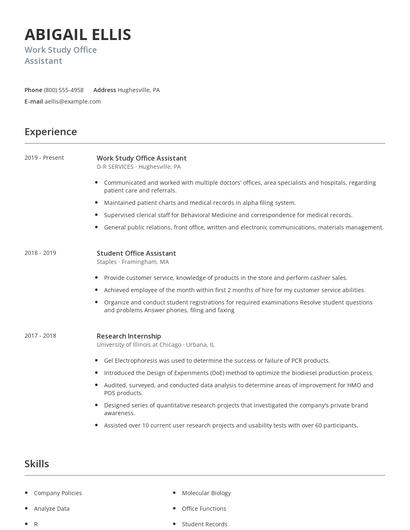 Work Study Office Assistant Resume
