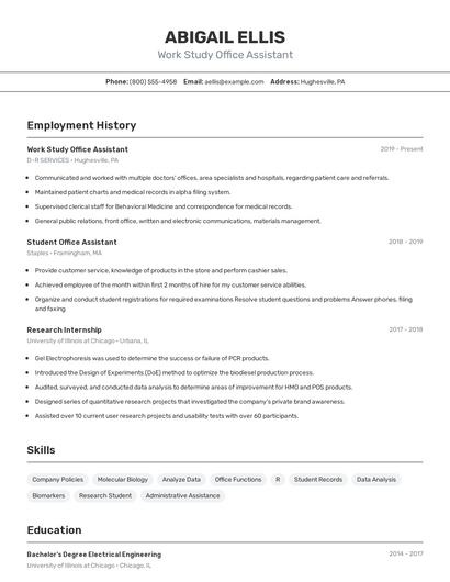 Work Study Office Assistant Resume