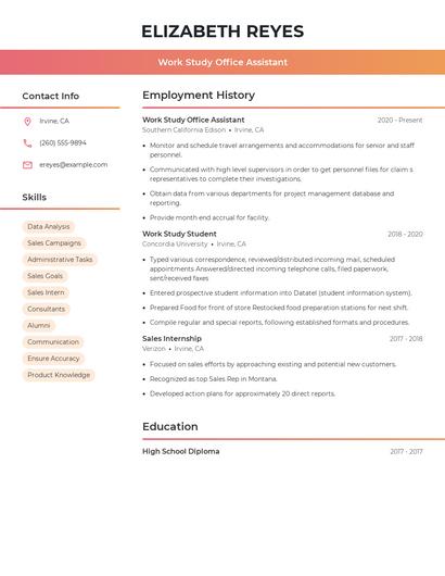 Work Study Office Assistant Resume