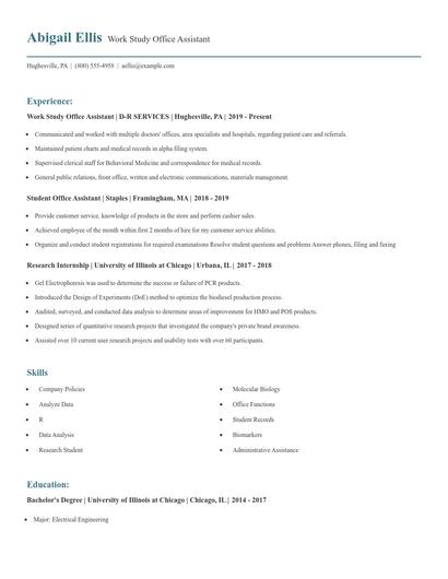 Work Study Office Assistant Resume