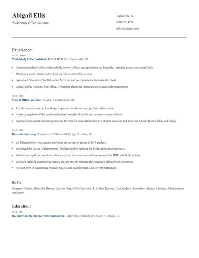 Work Study Office Assistant Resume