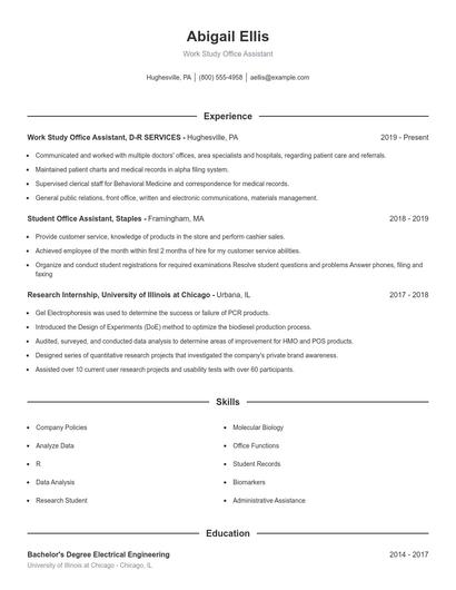 Work Study Office Assistant Resume