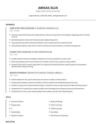 Work Study Office Assistant Resume
