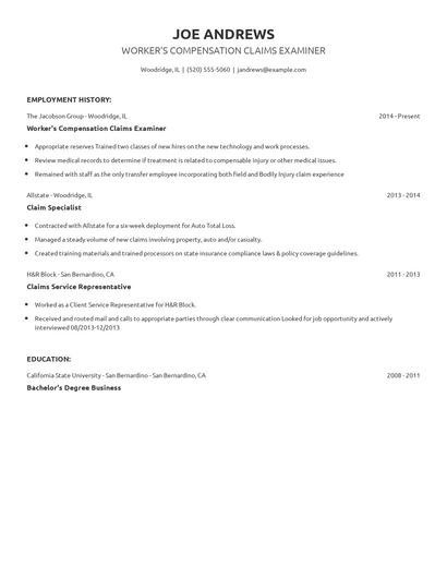 Worker's Compensation Claims Examiner Resume