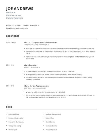 Worker's Compensation Claims Examiner Resume