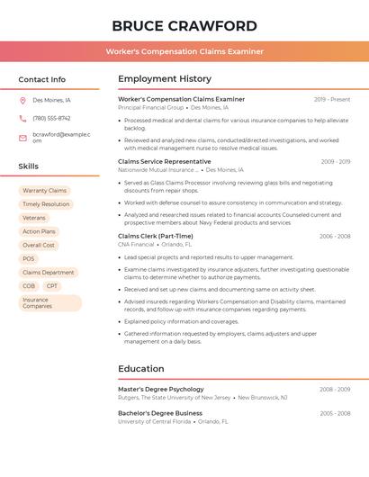 Worker's Compensation Claims Examiner Resume