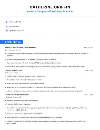 Worker's Compensation Claims Examiner Resume