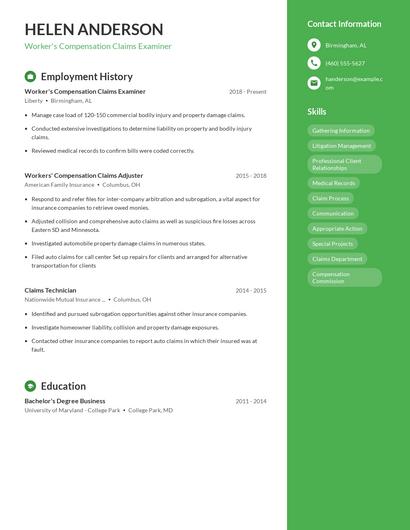 Worker's Compensation Claims Examiner Resume