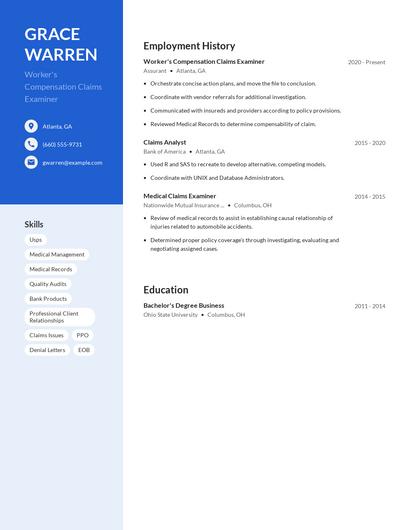 Worker's Compensation Claims Examiner Resume