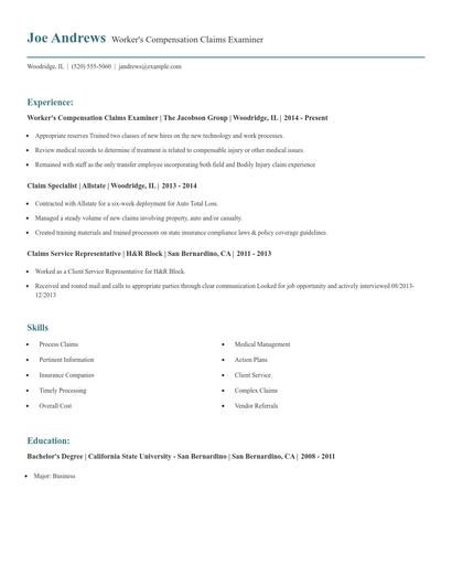 Worker's Compensation Claims Examiner Resume