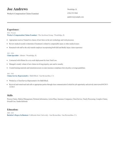 Worker's Compensation Claims Examiner Resume